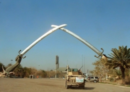 a military vehicle with swords over it