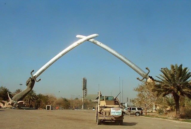 a military vehicle with swords over it